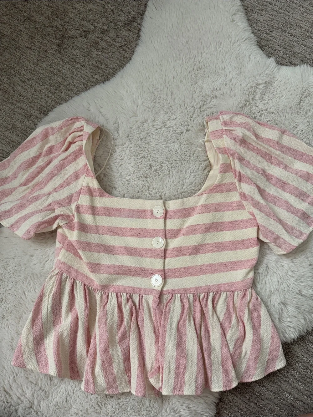 Zara Pink and Cream Striped Puff Sleeve Peplum Top
